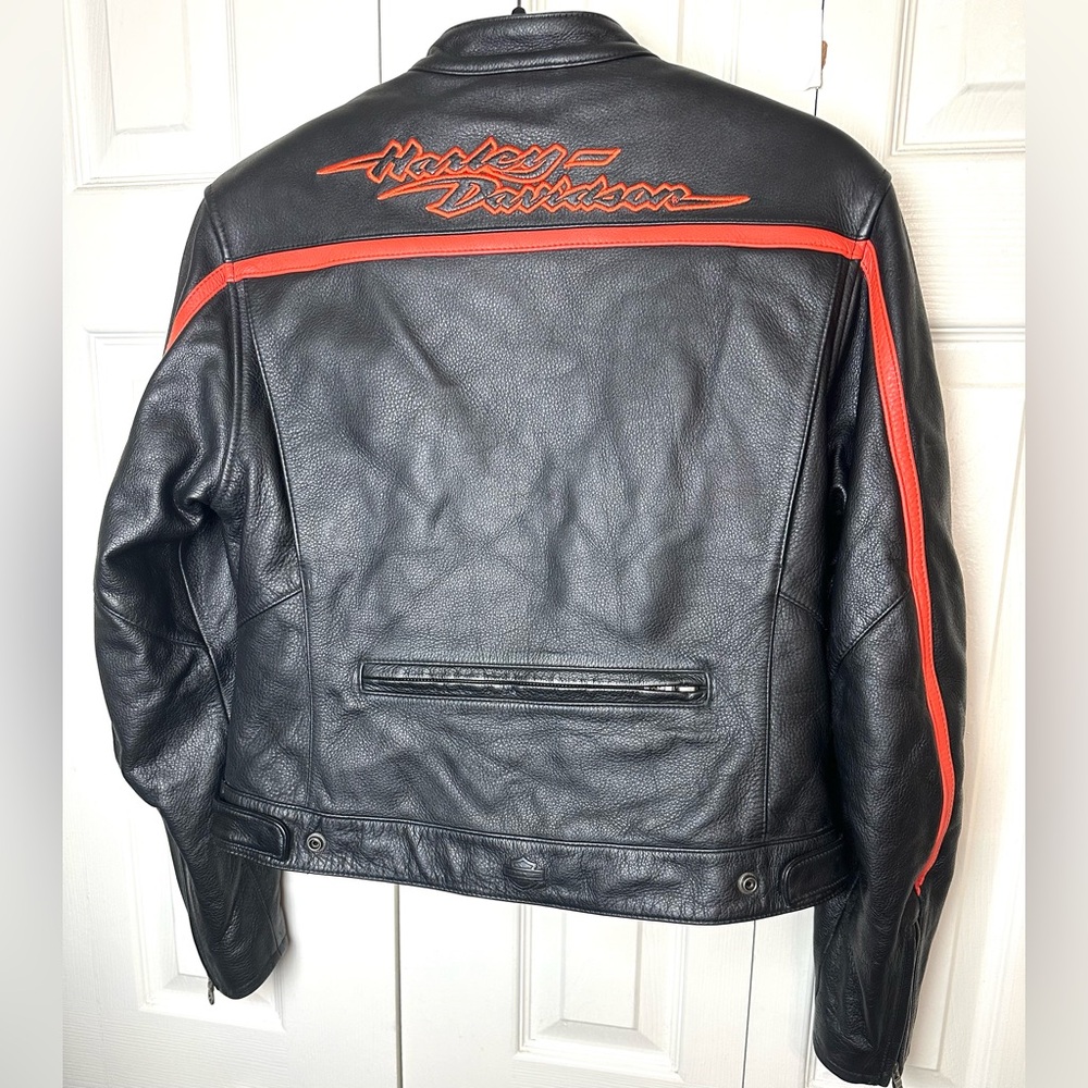 HARLEY DAVIDSON Black Leather Motorcycle Riding Jacket Quilt Liner Vented Orange